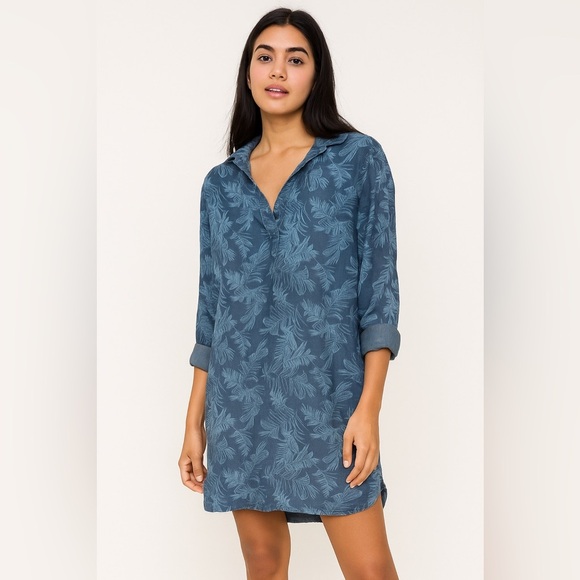 Cloth & Stone Palm Print Chambray Tencel Lyocell Shirt Dress Small Blue Casual - Picture 1 of 8